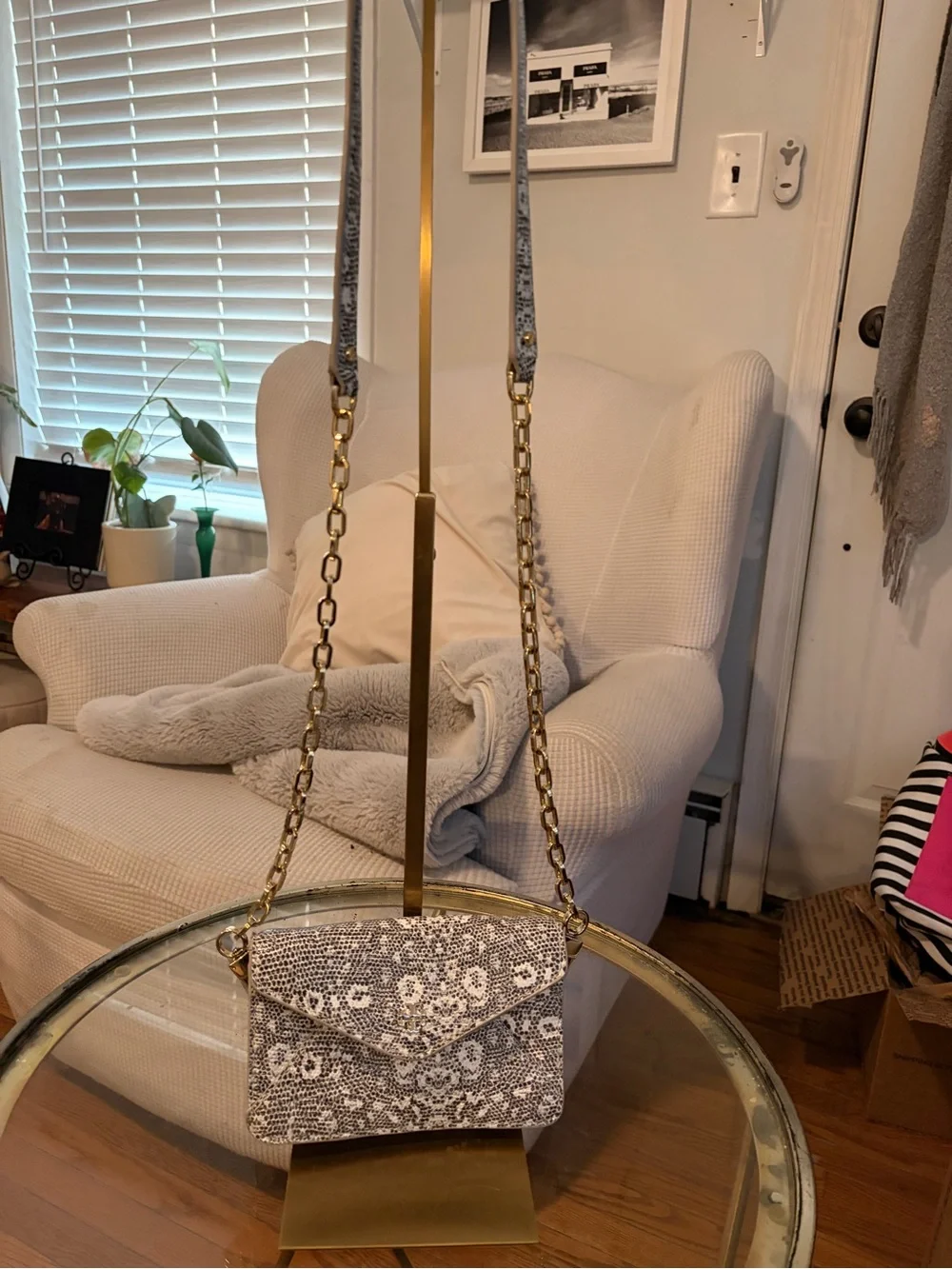 Tory Burch Black and White Snake-Print Crossbody with Gold Chain